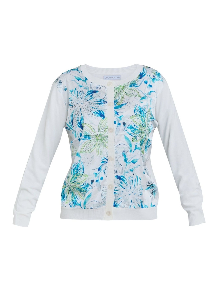Gina Bacconi Vilma Floral Print Satin Front White Cardigan - Image 5 of 5 Gina Bacconi Vilma Floral Print Satin Front White Cardigan - Image 5 of 5