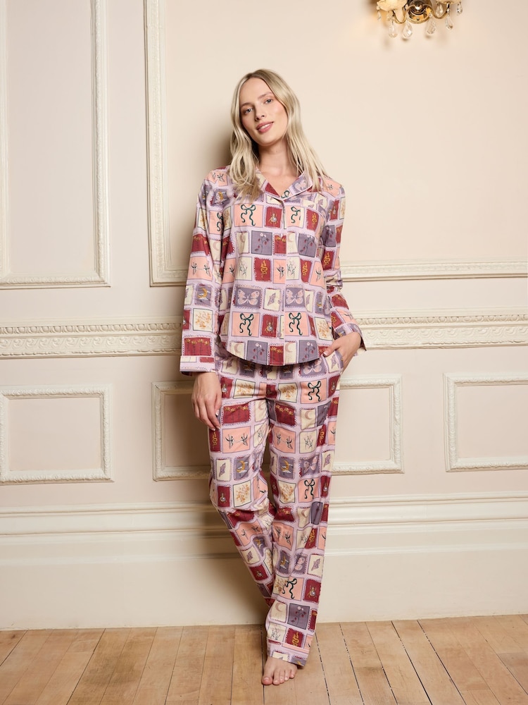 Their Nibs Pink Multi Stamp Collection Cotton Poplin Traditional Pyjamas Set - Image 1 of 5 Their Nibs Pink Multi Stamp Collection Cotton Poplin Traditional Pyjamas Set - Image 1 of 5