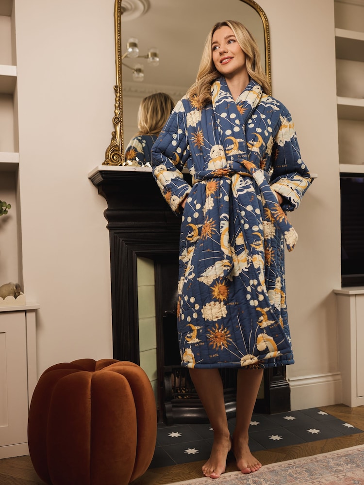 Their Nibs Navy Cream La Luna Cotton Quilted Robe - Image 1 of 4 Their Nibs Navy Cream La Luna Cotton Quilted Robe - Image 1 of 4