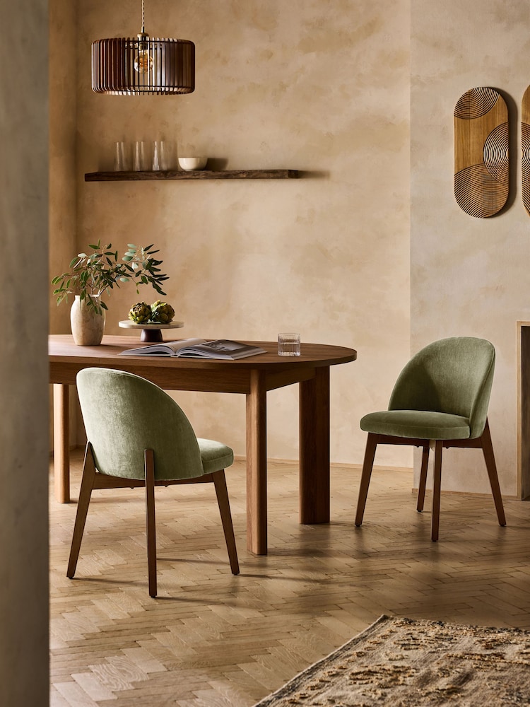 Set of 2 Relaxed Chenille Light Olive Green Preston Mid Wood Leg Dining Chairs - Image 1 of 5