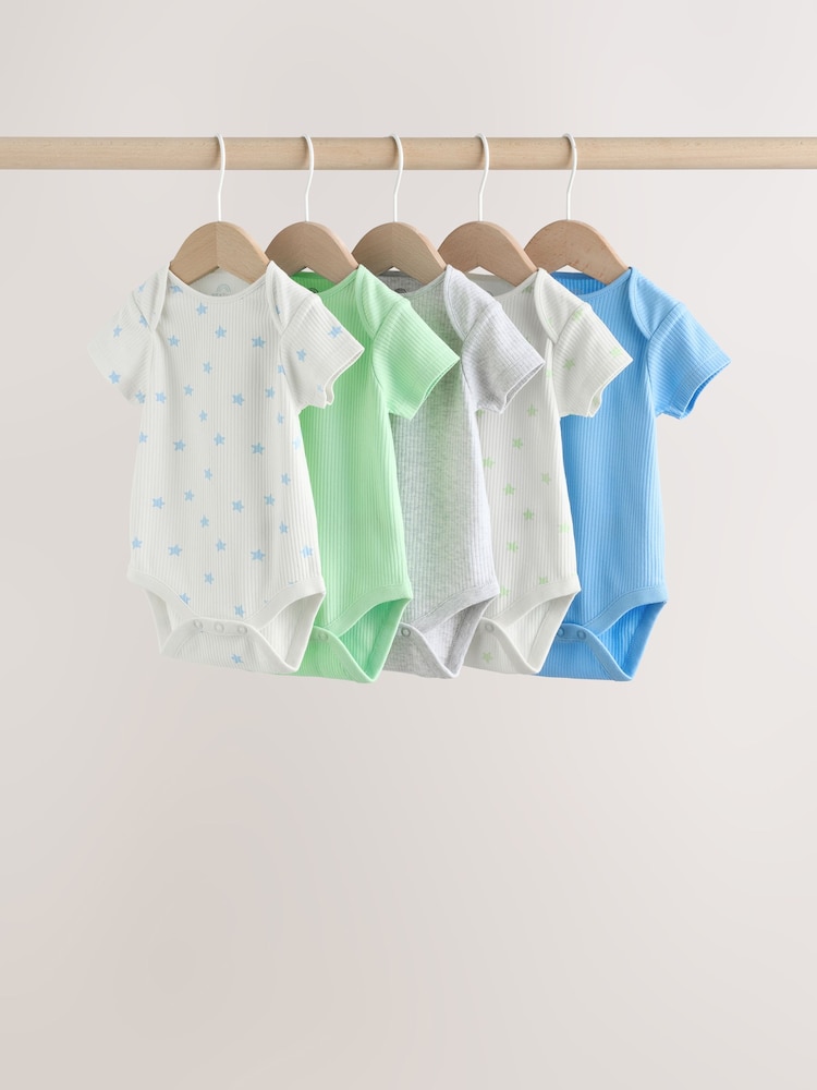 Blue/Green Short Sleeve Baby Bodysuits 5 Pack - Image 1 of 12