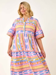 Roman Yellow Curve Stripe Print Boho Tiered Dress - Image 1 of 5