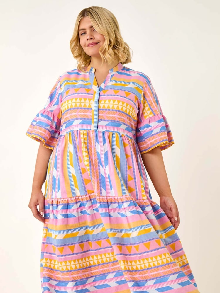 Roman Yellow Curve Stripe Print Boho Tiered Dress - Image 1 of 5