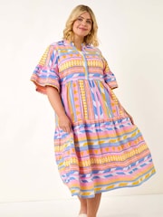 Roman Yellow Curve Stripe Print Boho Tiered Dress - Image 2 of 5