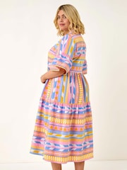 Roman Yellow Curve Stripe Print Boho Tiered Dress - Image 3 of 5