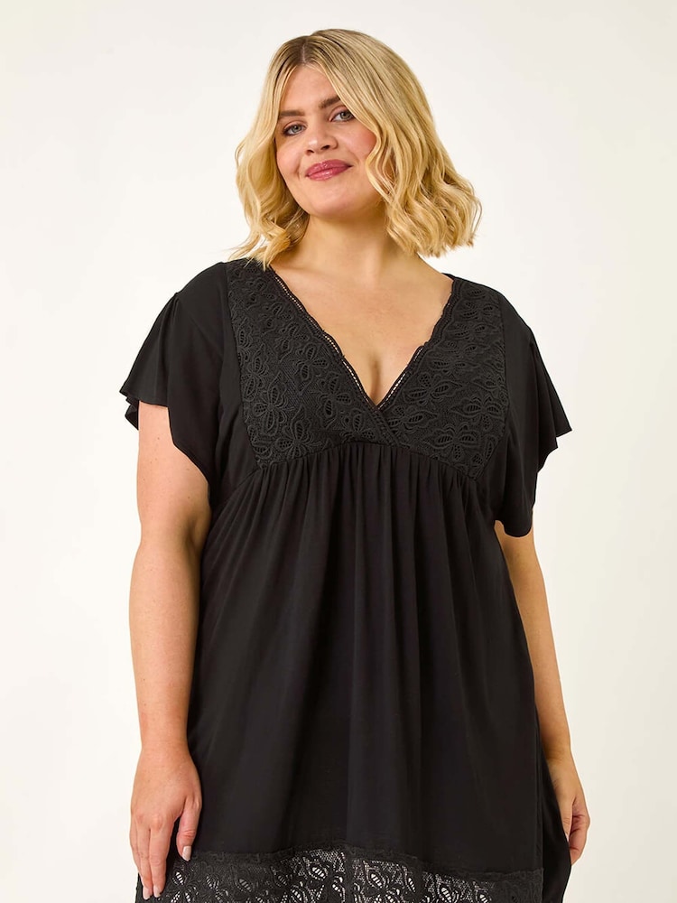Roman Black Curve Lace Trim Stretch Blouse - Image 1 of 5