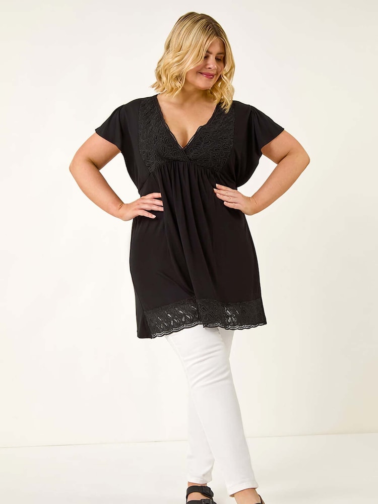 Roman Black Curve Lace Trim Stretch Blouse - Image 2 of 5