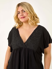 Roman Black Curve Lace Trim Stretch Blouse - Image 4 of 5