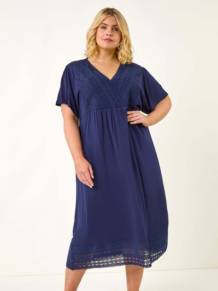 Roman Blue Curve Lace V-Neck Midi Dress - Image 2 of 5