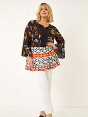 Roman Orange Curve Ikat Print Woven Blouse - Image 2 of 5