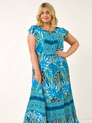 Roman Blue Curve Tropical Tie Neck Dress - Image 1 of 5