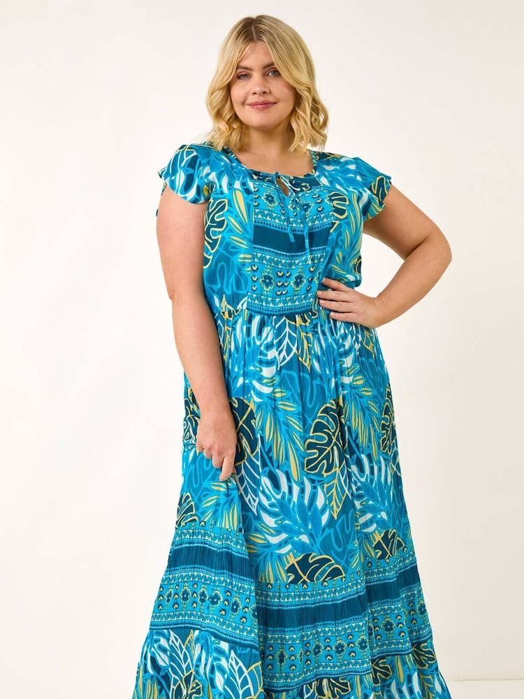 Roman Blue Curve Tropical Tie Neck Dress - Image 1 of 5
