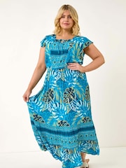 Roman Blue Curve Tropical Tie Neck Dress - Image 2 of 5