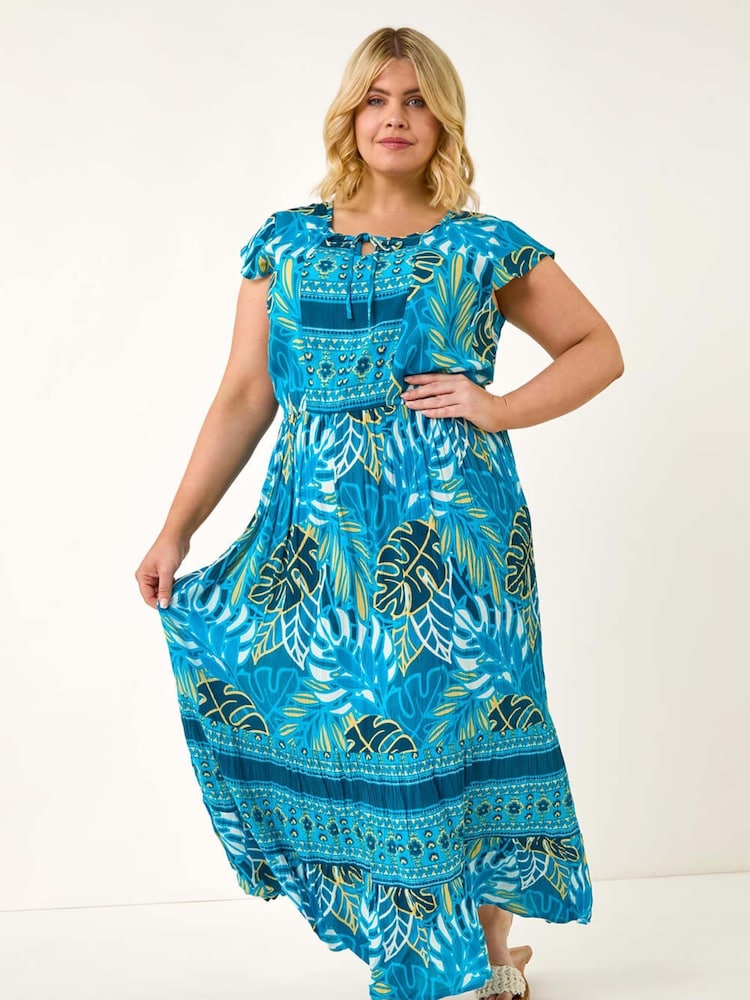 Roman Blue Curve Tropical Tie Neck Dress - Image 2 of 5
