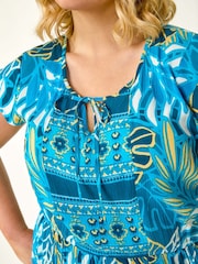 Roman Blue Curve Tropical Tie Neck Dress - Image 5 of 5