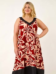 Roman Red Curve Floral Print V-Neck Dress - Image 1 of 5