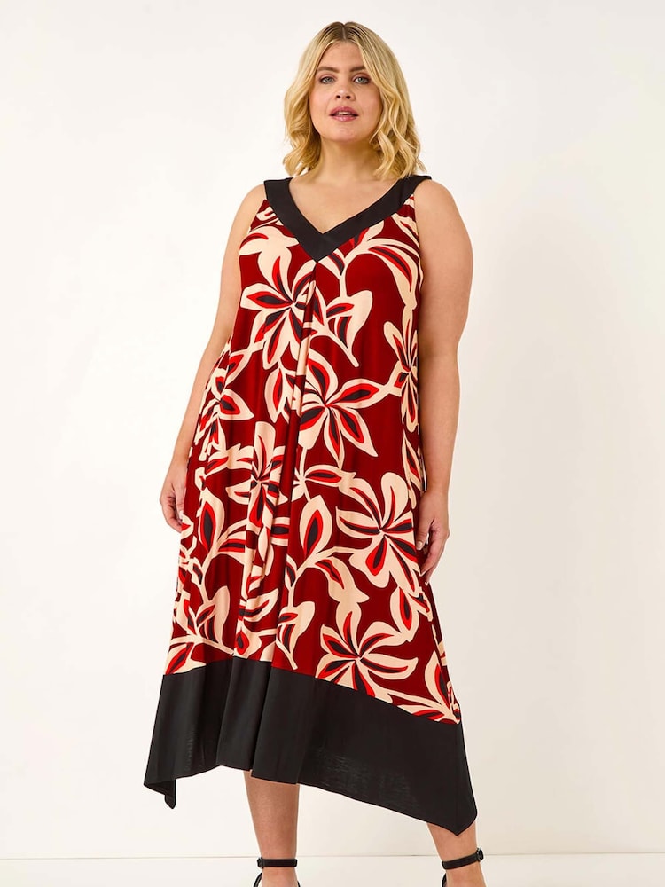 Roman Red Curve Floral Print V-Neck Dress - Image 2 of 5