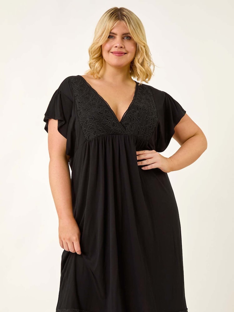 Roman Black Curve Lace V-Neck Midi Dress - Image 1 of 5