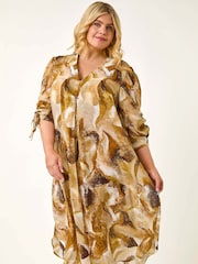 Roman Brown Curve Swirl Print V-Neck Midi Dress - Image 1 of 5
