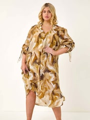 Roman Brown Curve Swirl Print V-Neck Midi Dress - Image 2 of 5