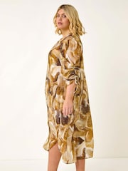 Roman Brown Curve Swirl Print V-Neck Midi Dress - Image 3 of 5