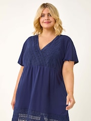 Roman Blue Curve Lace Trim Stretch Blouse - Image 1 of 5