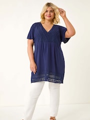 Roman Blue Curve Lace Trim Stretch Blouse - Image 2 of 5