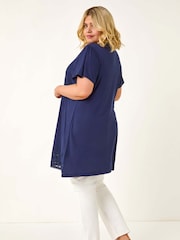 Roman Blue Curve Lace Trim Stretch Blouse - Image 3 of 5
