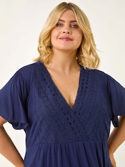Roman Blue Curve Lace Trim Stretch Blouse - Image 4 of 5