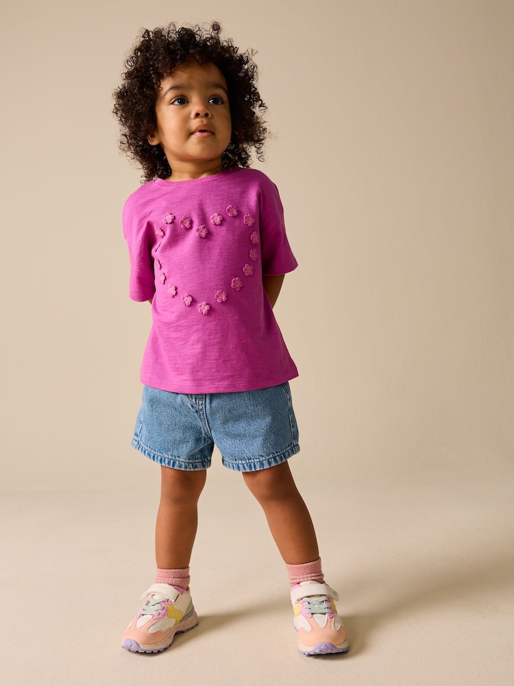 Purple Short Sleeve Heart Embroidered Top (3mths-7yrs) - Image 1 of 7