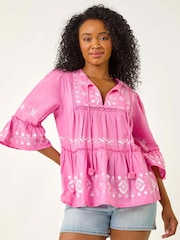 Roman Pink Petite Contrast Print Pom Pom Blouse - Image 1 of 5