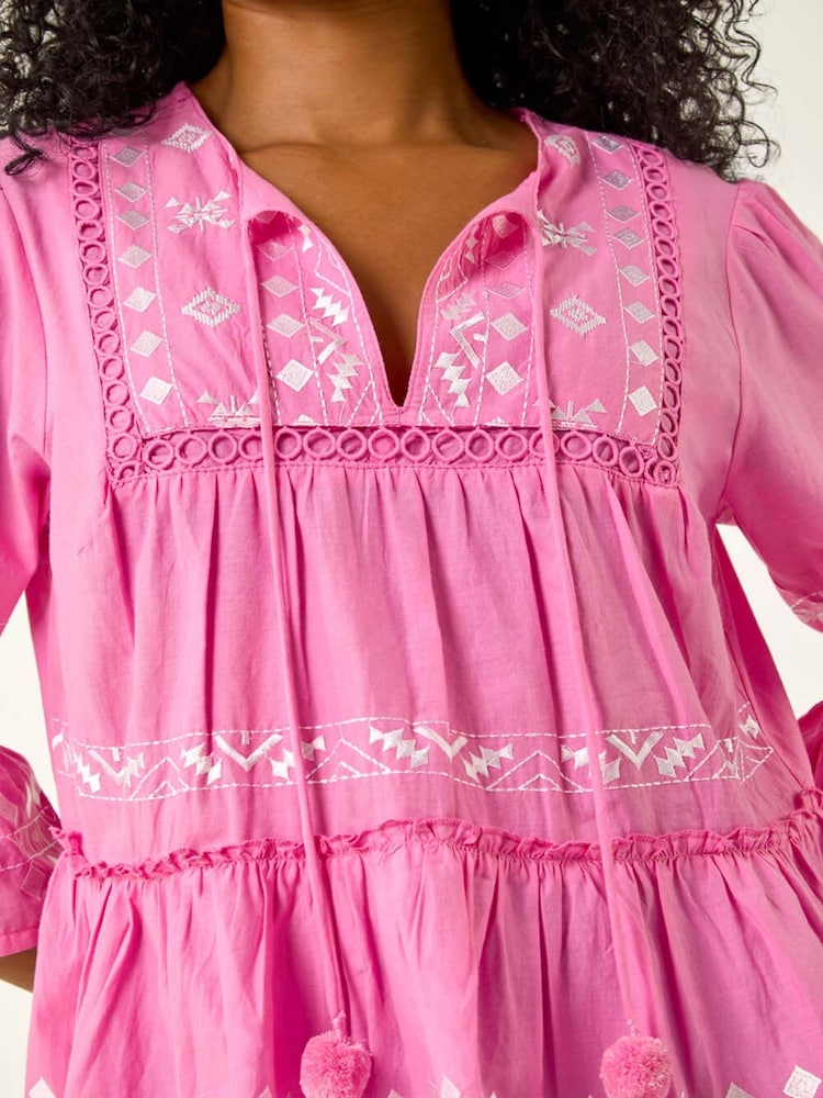 Roman Pink Petite Contrast Print Pom Pom Blouse - Image 5 of 5