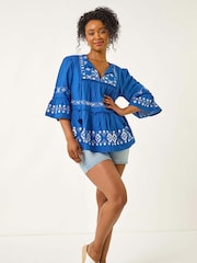 Roman Blue Petite Contrast Print Pom Pom Blouse - Image 2 of 5