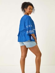 Roman Blue Petite Contrast Print Pom Pom Blouse - Image 3 of 5