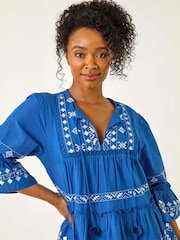Roman Blue Petite Contrast Print Pom Pom Blouse - Image 4 of 5
