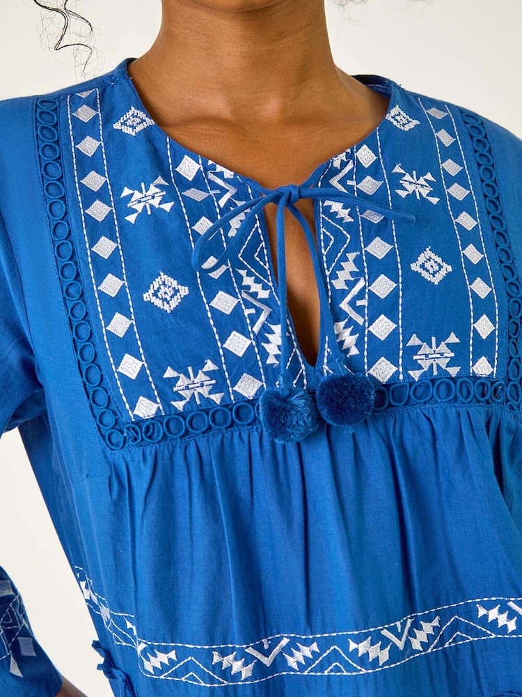 Roman Blue Petite Contrast Print Pom Pom Blouse - Image 5 of 5
