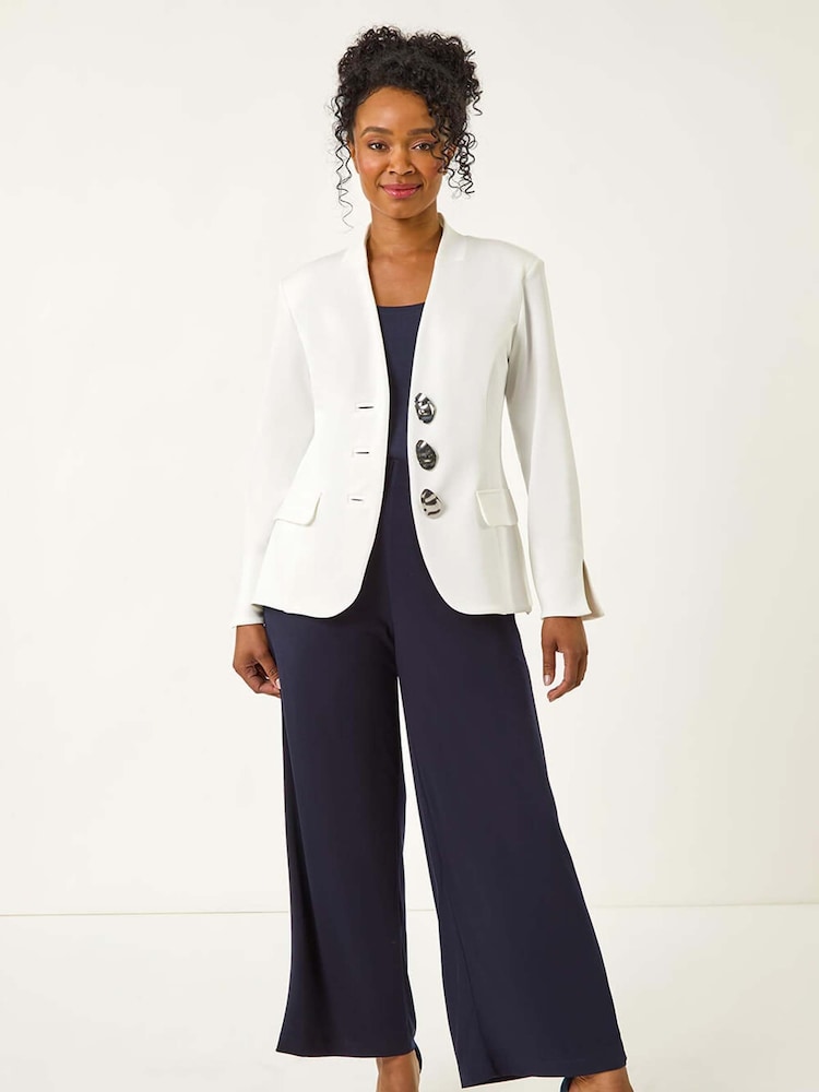 Roman White Petite Collarless Statement Button Jacket - Image 2 of 5 Roman White Petite Collarless Statement Button Jacket - Image 2 of 5