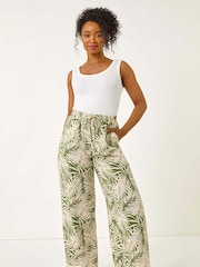 Roman Green Petite Leaf Print Wide Leg Trousers - Image 1 of 5