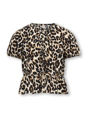 ONLY KIDS Leopard Print Puff Sleeve Bow Black Blouse - Image 1 of 3