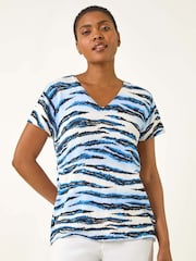 Roman Blue Animal Print Embellished V-Neck Knit Blouse - Image 1 of 5