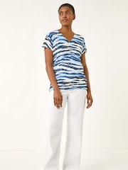 Roman Blue Animal Print Embellished V-Neck Knit Blouse - Image 2 of 5