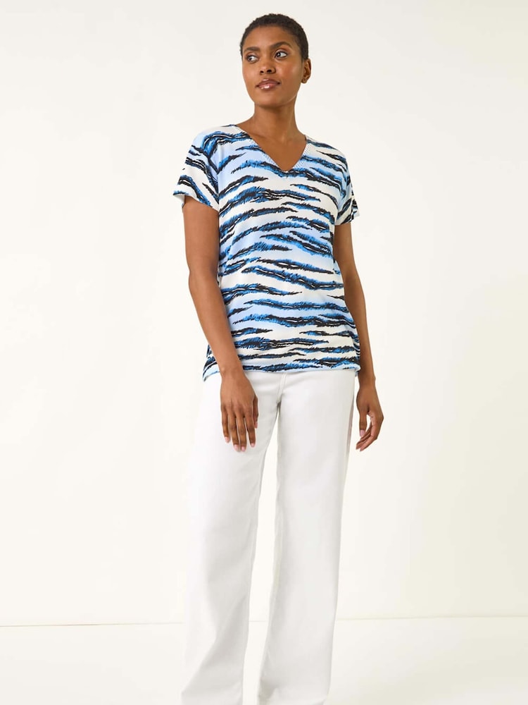 Roman Blue Animal Print Embellished V-Neck Knit Blouse - Image 2 of 5