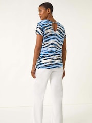Roman Blue Animal Print Embellished V-Neck Knit Blouse - Image 3 of 5