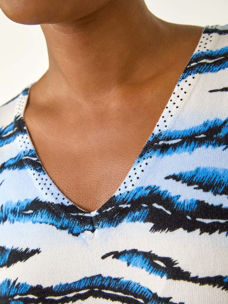 Roman Blue Animal Print Embellished V-Neck Knit Blouse - Image 5 of 5