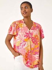 Rosa - Roman Leaf Print Shirred V-Neck Blouse - Imagem 1 de 5