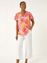 Rosa - Roman Leaf Print Shirred V-Neck Blouse - Imagem 5 de 5