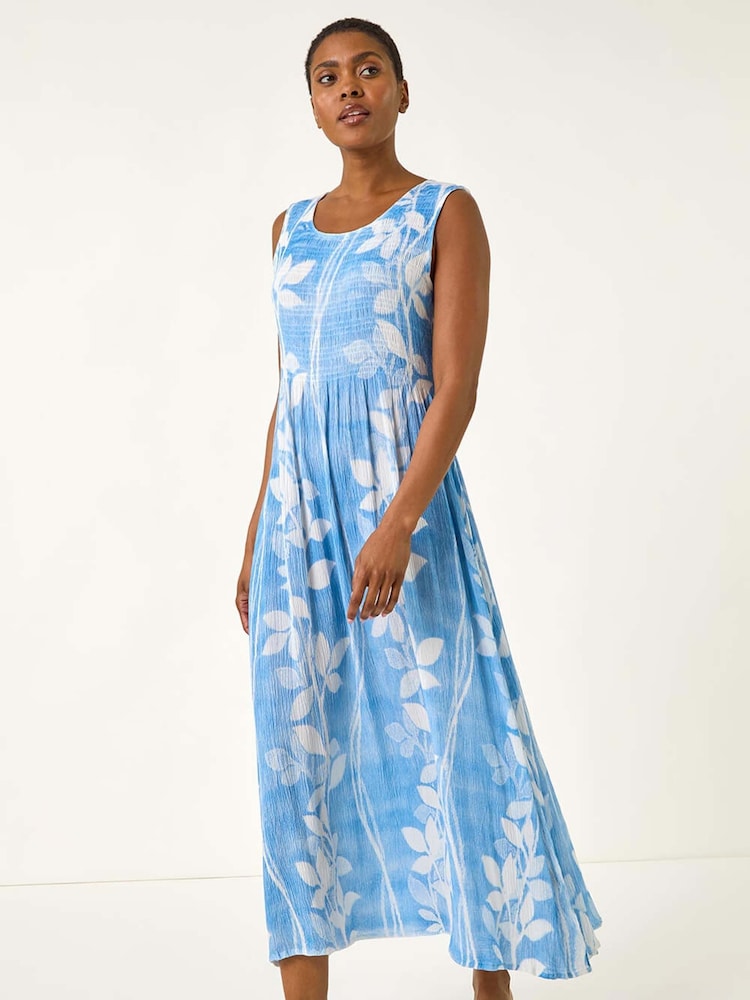 Roman Light Blue Leaf Print Shirred Bodice Midi Dress - Image 1 of 5