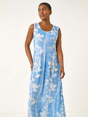 Roman Light Blue Leaf Print Shirred Bodice Midi Dress - Image 2 of 5