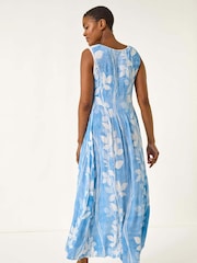 Roman Light Blue Leaf Print Shirred Bodice Midi Dress - Image 3 of 5