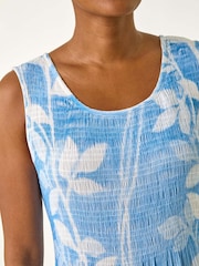 Roman Light Blue Leaf Print Shirred Bodice Midi Dress - Image 5 of 5